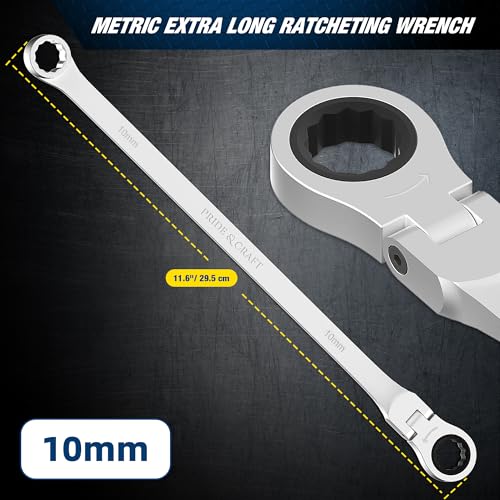 Image of PRIDE&CRAFT Extra Long Ratcheting Wrench 10mm, Metric Flex Head Double Box End, 2X Longer Wrenches, Chrome Vanadium Steel with 90-Tooth Ratchet for Automotive Repair