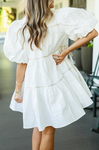 Image of Women's Chic Puff Sleeve Oversized Mini Shirt Dress with Pockets