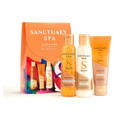 Image of Sanctuary's Festive Regime Signature Collection Spa Gift Set with Body Wash, Lotion and Scrub, Jasmine, Grapefruit and Vanilla Fragrance, 3-Piece Bodycare Collection