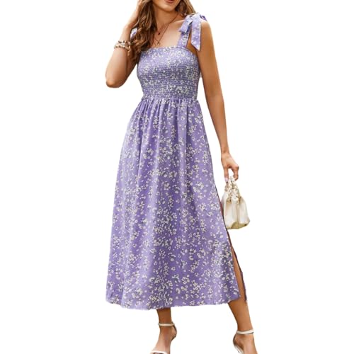 Image of BROVAVE Women Summer Floral Dress: Casual Square Neck Flowy Boho Beach Midi Sundress Sleeveless Tie Shoulder Vacation Daily