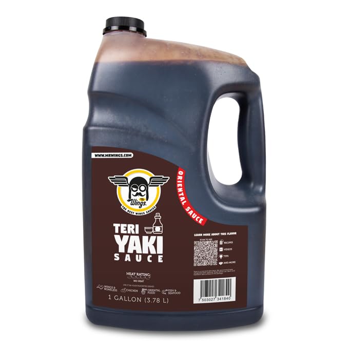 Mr Wings Teriyaki Style Sauce 1 Gallon (128 Fl Oz). Exquisite sweet and spiced soy sauce inspired by oriental flavors. Use it on chicken, fish, vegetables, boneless and in your favorite dishes. Big sauce bulk.