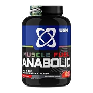 USN Muscle Fuel Anabolic All-In-One Muscle Mass Gainer, Strawberry Flavour – 2kg, 54g Protein Powder, 5g Creatine Powder & 5g BCAA Powder For Maximum Muscle Growth, Post Workout Recovery Drink Mix
