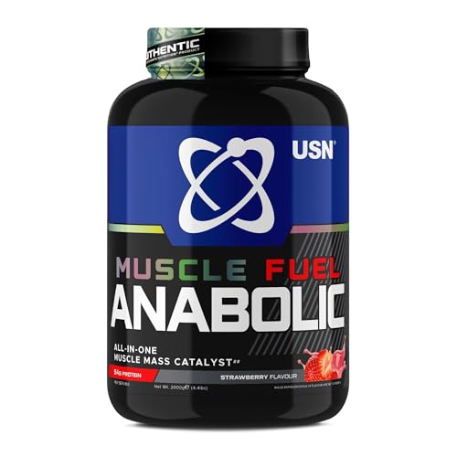 USN Muscle Fuel Anabolic All-In-One Muscle Mass Gainer, Strawberry Flavour – 2kg, 54g Protein Powder, 5g Creatine Powder & 5g BCAA Powder For Maximum Muscle Growth, Post Workout Recovery Drink Mix
