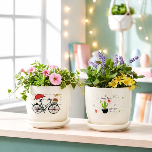 Image of Xtore Charming Bicycle & Cactus Ceramic Planter Set of 2 with Saucers for Home & Office Decor | Artistic Small Flower Pots for Living Room, Bedroom, Balcony, Desk, Shelf & Window Styling (Off-White)