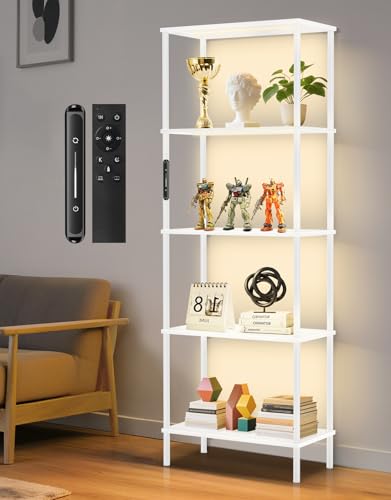 OUTONLIFE Librería Moderna de Madera con Luz LED, 5 Niveles, 60 x 30 x 170 cm, Estantería Regulable con Tacto y Control Remoto, Temporizador, para Sala, Dormitorio, Oficina (Blanco)