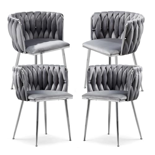 Haplized Velvet Dining Chairs Set of 4, Woven Upholstered Side Chairs with Silver Metal Legs, Modern Accent Chairs Kitchen & Dining Room Chair for Vanity Bedroom Living Room, Grey