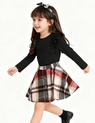 Image of AGQT Toddler Girls Fall Winter Clothes Long Sleeve Ribbed T-Shirt Knit Tops Plaid Button Mini A-line Skirts Set Outfits