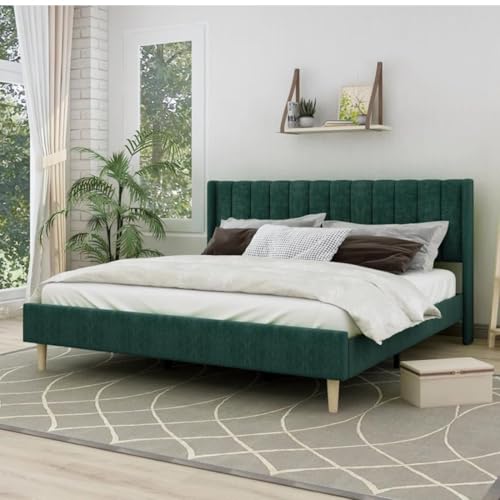 Image of Low Profile Upholstered Platform Bed with Winback Headboard | Bed Queen Size | Bed for Bedroom, Living Room | Bed Without Storage | Mattress not Included | Fabric Color:- Green