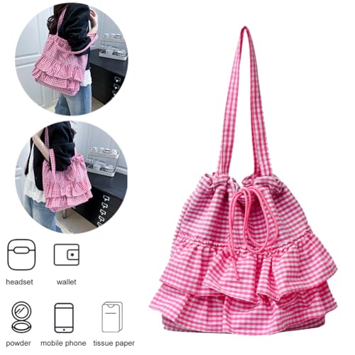 Ruffle Tote Bag Gingham Layered Shoulder Purse with Drawstring Casual Lightweight for Women Lace Trim Large Capacity2