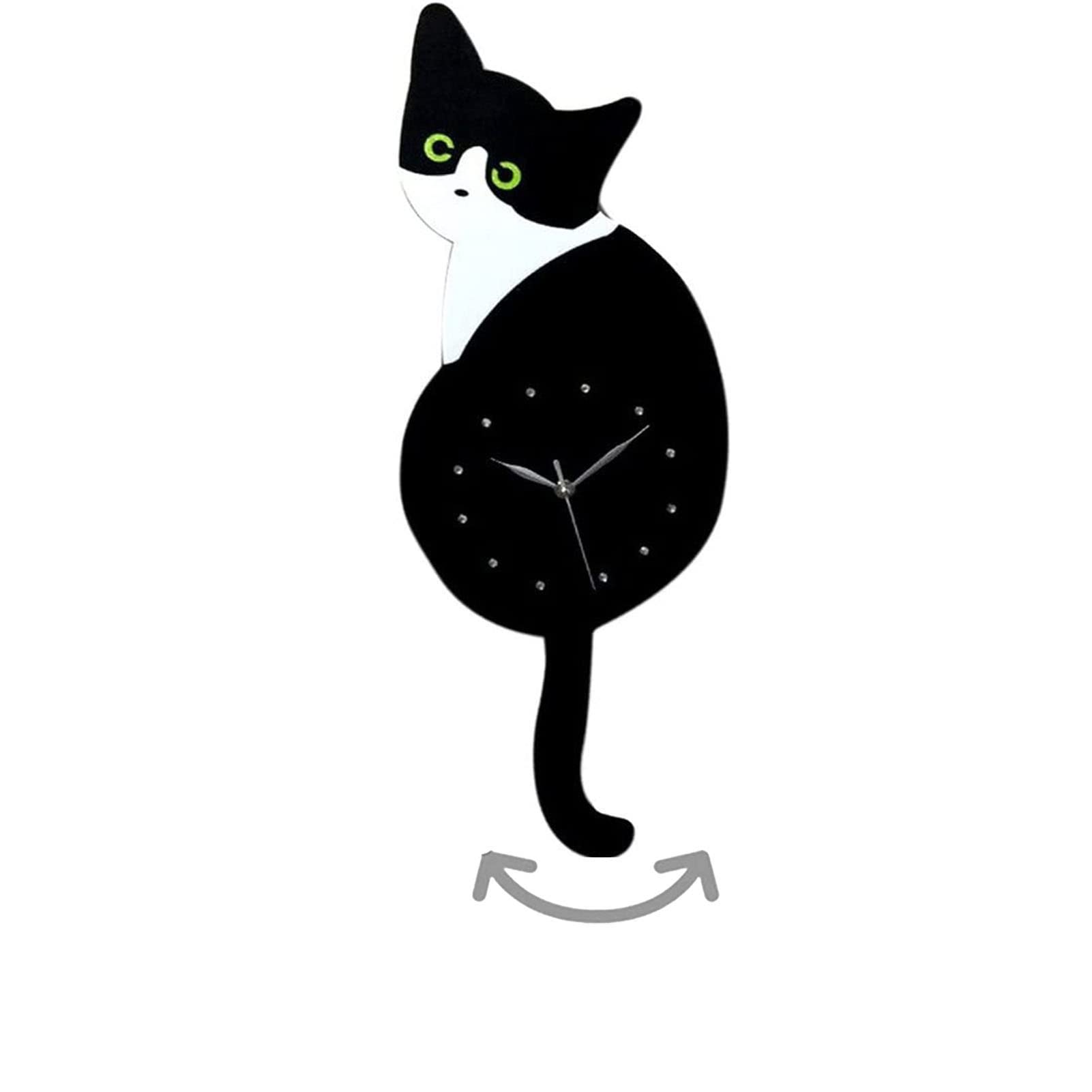 Reloj de Pared Gato con Cola oscilante y Ojos - acrílico Cuarzo péndulo para decoración única del hogar