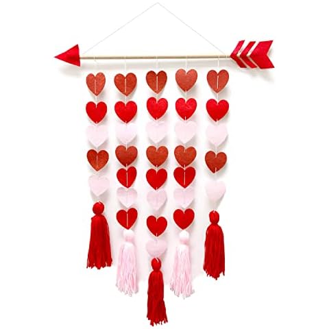Valentines Day Tassel Garland Boho Wall Hanging Decoration Cupid Wooden Hanging Garland with Felt Hearts and Tassels for Valentine's Day Wedding Living Room Bedroom Nursery Room Decoration Cover