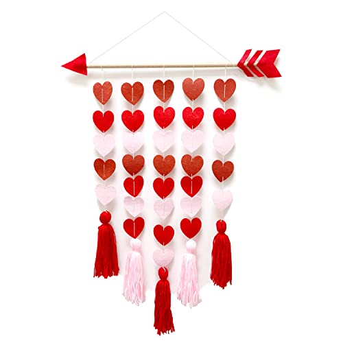 Medoore Valentines Day Tassel Garland Boho Wall Hanging Decoration Cupid Wooden Hanging Garland with Felt Hearts and Tassels for Valentine's Day Wedding Living Room Bedroom Nursery Room Decoration