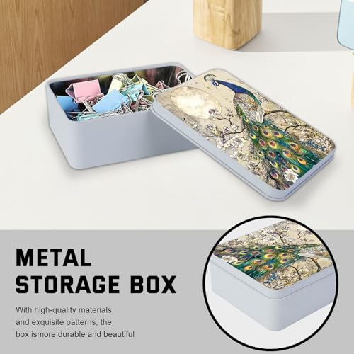 Image of Metal Tin Box with Lid,Multi-functional Storage Large Box Can Store Tea Biscuits Game Cards, Playing & Tarot Cards-Comes with 4 Magnetic Cord Clips,Peacock by Moon