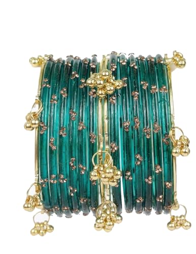 Image of NMII Viral Multi Colour Glass Bangles with Golden Ghungroo Charms & Stone Work For Women & Girls | Fancy Designer Glass Bangle | Traditional Chudi | Kanch Ki Churi | Stylish Ghungroo Bangle For Women