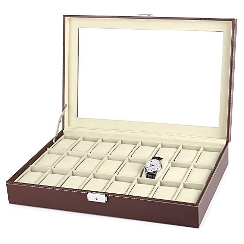 JS NOVA JUNS Uhren-Organizer, 24 Fächer, großes Uhrengehäuse mit Glasplatte, braunes Kunstleder Cover