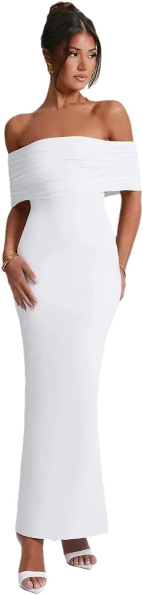 Women Strapless Backless Sexy Maxi Dress Solid Off-Shoulder Sleeveless Bodycon Long Dress
