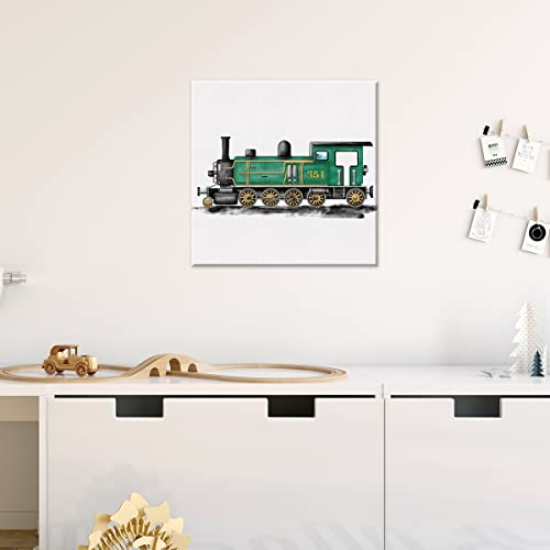 Train Canvas Wall Art Transportation Framed Steam Locomotive Painting Print Watercolor Nursery Art Vehicles Canvas Wall Decor For Home Bedroom Kids Room 12X12 Inch #TOP3