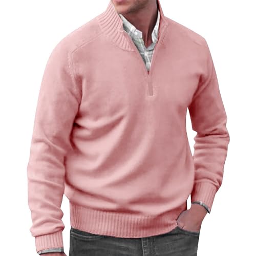 Men's Jumpers Cotton Blend Long Sleeve Jumper Quarter Zip Pullover Sweater Stand Collar Winter Pullover Thick Warm Solid Color Jumpers Classic Golf Sweater Casual Work Jumpers Smart Jumper Pink