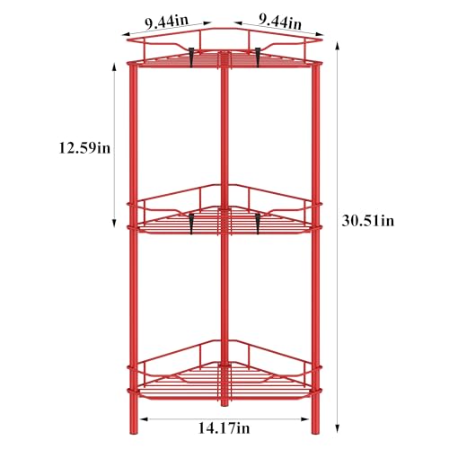 Image of HuggieGems 3 Tier Floor Standing Corner Shower Caddy Organizer Shelf with Hooks, Bathroom Shelves Stand Rack, Red