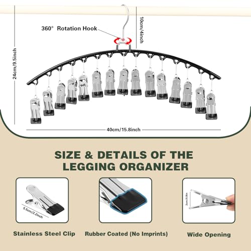Leggings Organizer zum Aufhängen im Schrank, 360° drehbarer Haken, Hosenbügel mit 30 Clips, hält 30 Shorts/Röcke/Hüte, platzsparende Hosenbügel, Schrank-Organizer und Aufbewahrung, 2 Stück