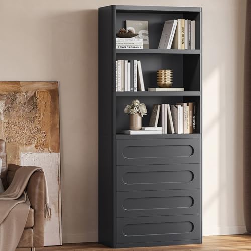 SUCSSRICH Bookcase With 4 Drawers Black