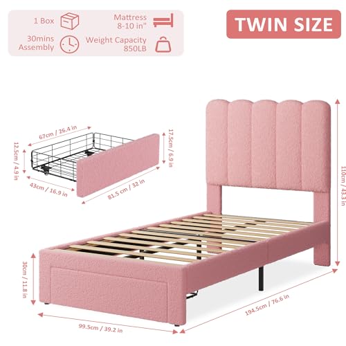 GarveeHome Twin Bed Frame with Under-Bed Drawer, Upholstered Platform Bed with Wave Headboard for Kids/Girls, Wooden Slats Support, No Box Spring Needed, Boucle Pink
