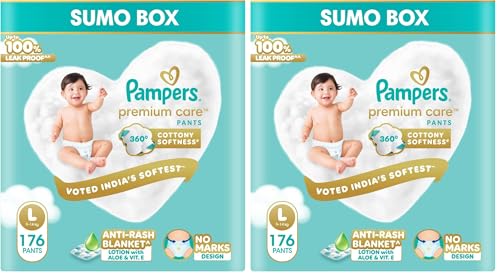 Image of Pampers Premium Care Pant Style Baby Diapers L 176 Count | No Marks Design | Voted India's #1 Softest Diaper | All in 1 diaper with 360 Cottony Softness (Pack of 2)