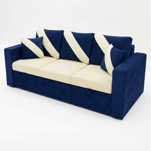Image of FURNY Trivia 4 Seater RHS Lounger Sofa Cum Bed (Dark Blue - Cream) with Pull-Out Function | Luxury Velvet Suede Finish | Durable Comfort | Ideal for Living Room