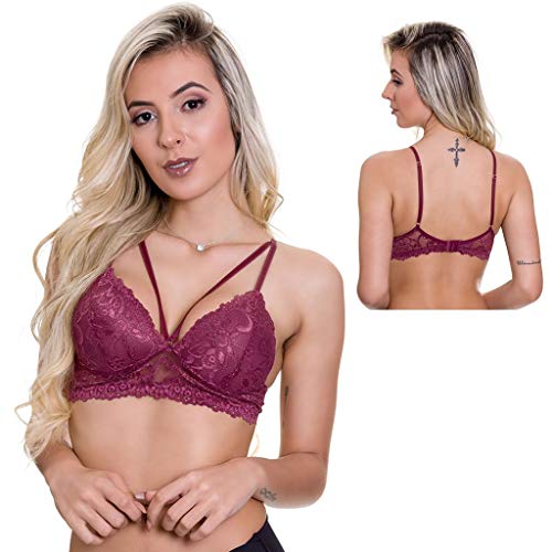 Sutiã Strappy Bra com Tiras e Bojo em Renda Preto Branco Vermelho ou Vinho - IN036