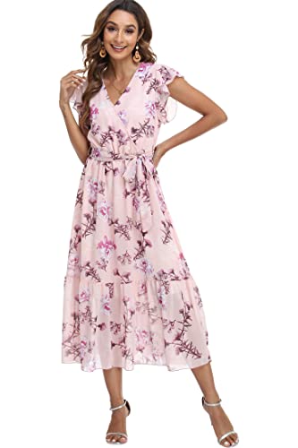 Image of VintageClothing Womens Sundress Casual Floral Summer Boho Dress | Flowy Wrap V Neck Ruffle A-Line Pleated Hem Midi Dresses