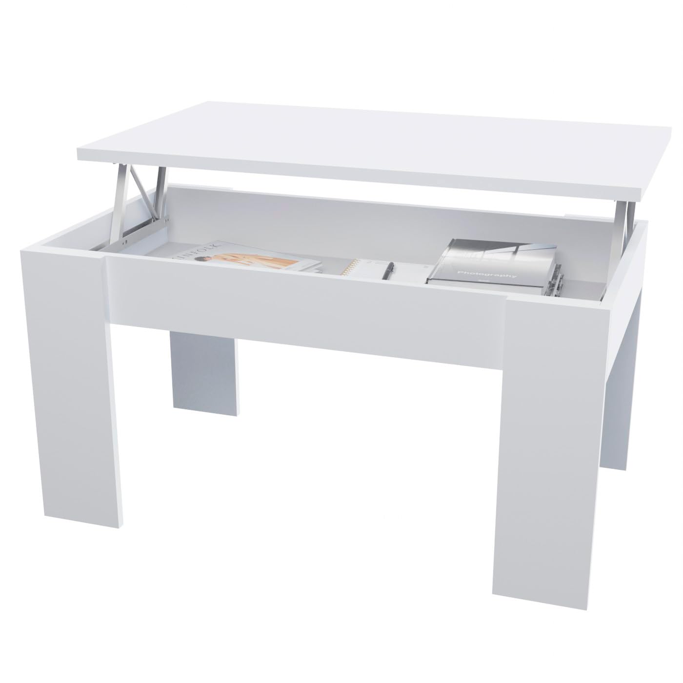 amuéblate online - Mesa de Centro Elevable, Mesita de Salón o Comedor, Acabado en Blanco, Medidas: 90 cm (Ancho) x 50 cm (Fondo) x 46-57 cm (Alto)