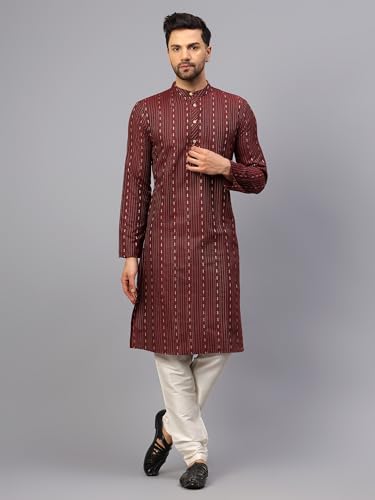Image of LATEST CHIKAN Men's Cotton Regular Striped Knee Lenght Kurta Full Sleeves