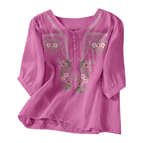 Iufabrpcs Linen Shirts for Women E-Hot Pink M Peasant Embroidered Flowy Gauze Shirts