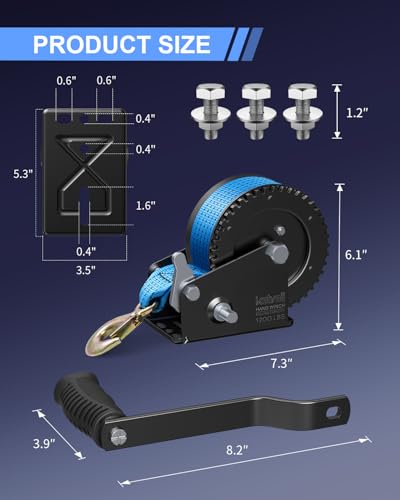 Image of Kolvoii 1200 lbs Boat Trailer Winch with Strap, Portable Hand Winch, 2-Way Ratchet 4:1 Gear Ratio for Boat, Trailer, Marine and Jet Ski, 26FT Strap, Blue