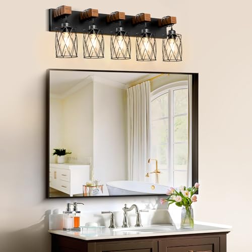 Image of IZORRO Farmhouse Bathroom Vanity Light, 5-Light Wood Bathroom Light Fixtures Over Mirror, Black Industrial Vanity Lights with Metal Shade, Rustic Restroom Lighting Fixtures