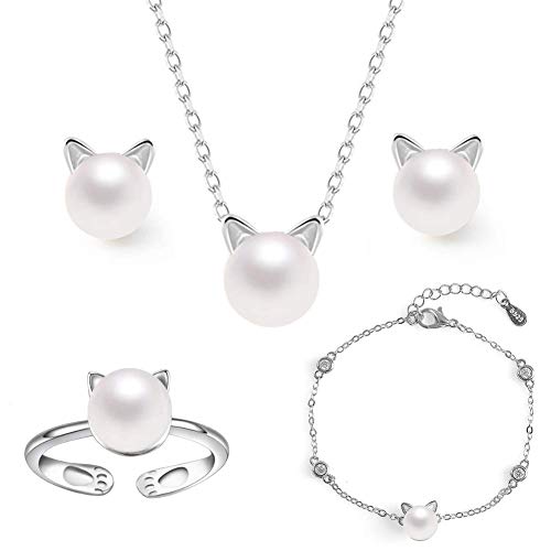 ISAACSONG.DESIGN 925 Sterling Silver Cat Eye Moonstone Apple/Cat Kitty Crystal Pearl Charms Pendant Necklace and Earring Set for Women (Cute Cat with Pearl 4 Pcs Set)