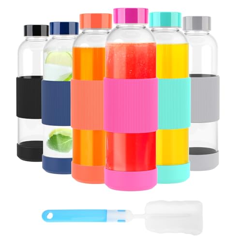 Luxfuel 16 oz Glass Juice Bottles with Lids & Silicone Sleeves, 6 Pack Reusable Glass Water Bottles with Stainless Steel Cap for Juicing, Smoothies & Refrigerator, Leak-Proof,BPA-Free Juice