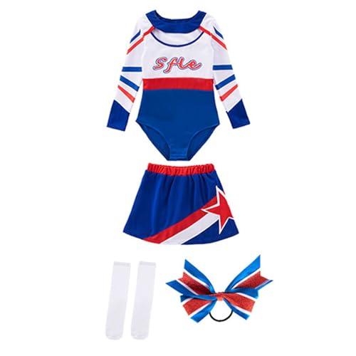 Generisch Disfraz de animadora para niña, sin mangas, vestido de animadora con pompones, calcetines, escuela, vacaciones, espectáculo, disfraz de animadora, uniforme