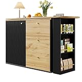 Eleganz Mesa de bar giratoria extensible 138 – 204 x 39 x 104 cm | isla de cocina moderna con puertas onduladas | mesa alta con compartimento para aperitivos y 3 cajones | mesa bistró aspecto madera