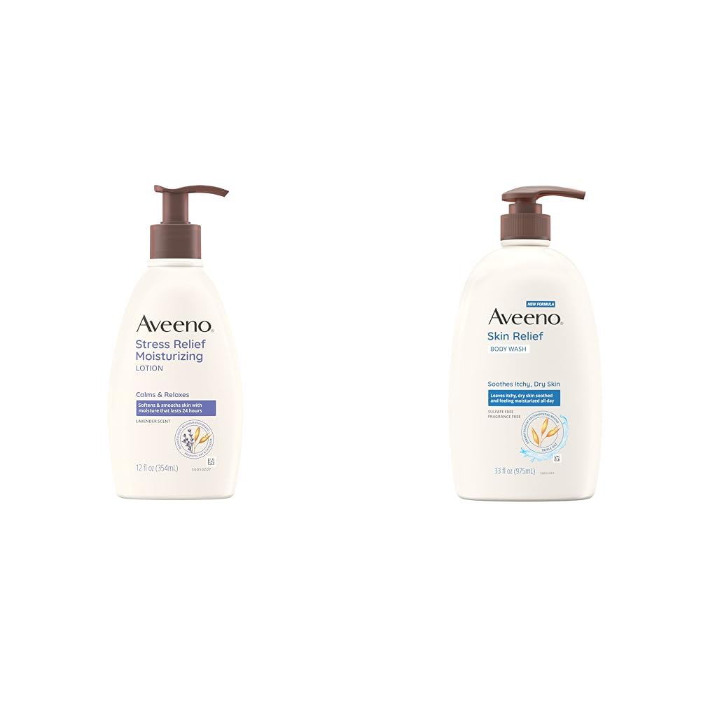 Aveeno Daily Stress Relief Lavender Body Lotion and Fragrance-Free Body Wash Bundle for Sensitive Skin, 12 fl oz and 33 fl oz