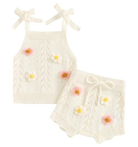 TheFound Toddler Baby Girls Knitted Outfit Tie-up Tank Top Elastic Waist Flower Shorts Summer Clothes 6 12 18 24 Months 2t 3t (White, 12-18 Months)