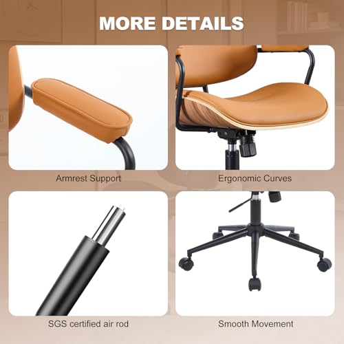Image of Mid Century Modern Office Chair with Adjustable Backrest, Wooden Desk Chair with Armrests, Swivel Height Adjustable Home Office Chair, Comfortable Task Chair for Home Office, Brown