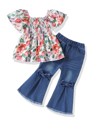 Baby Girl Clothes Toddler Girl Outfits Kids Puff Sleeve Shirt Top Flare Denim Pants Jeans Clothing for Little Girls