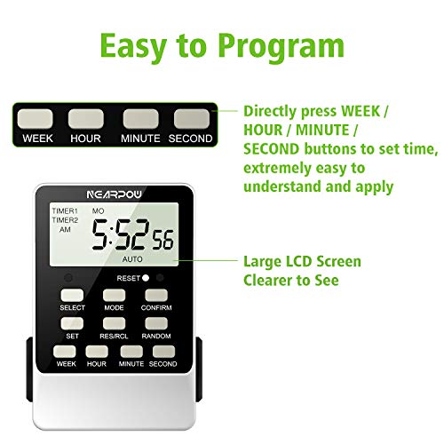 Outlet Timer, Nearpow Dual Digital Light Timer With 2 Independently-Controlled Outlets, 18 On/Off Programs, 24-Hour And 7-Day Programmable,Indoor Heavy Duty Electrical Timer Switch, 3 Prong, 15A/1800W #TOP2