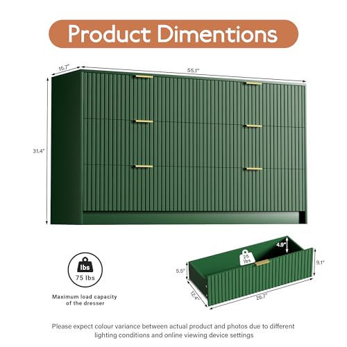 Image of Furniway Green Dresser for Bedroom, Modern Dresser with 6 Drawers and Smooth Slides, Wide Chest of Drawers with Golden Handles for Bedroom, Living Room, Closet, 15.7 inch D x 55.1 inch W x 31.4 inch H