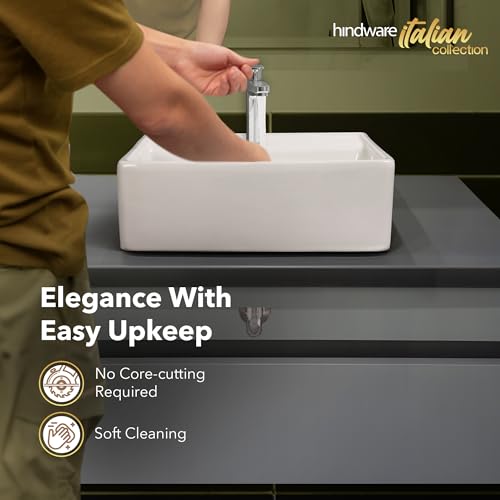 Image of Hindware Italian Collection Inox Table Top Wash Basin for Bathroom | Made of Ceramic | Star White | Square Shape | Over the Counter Basin