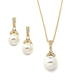 Mariell Gold Pearl Drop Bridal Necklace Earrings Set with CZ Crystals for Brides, Prom, Birthday Gift
