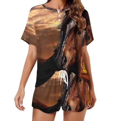 Pyjama femme manches courtes imprimé cheval du coucher du soleil pour l'été
