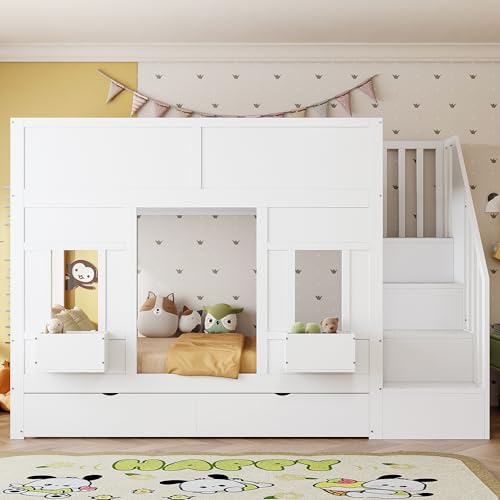 Raeln Litera de Estilo Moderno como Cama Alta con Superior e Inferior de 90x200 cmen Madera Maciza con Escalera, Cajones, Ventanas y Cajitas para Habitacion de Adolescentes en el hogar