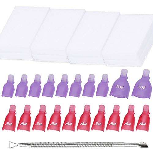 Anezus Nail Polish Remover Clips Set Includes 20 Pack Toe and Finger Gel Nail Polish Remover, A Cuticle Pusher and 500 Pack Cotton Pads for Gel Polish Removal